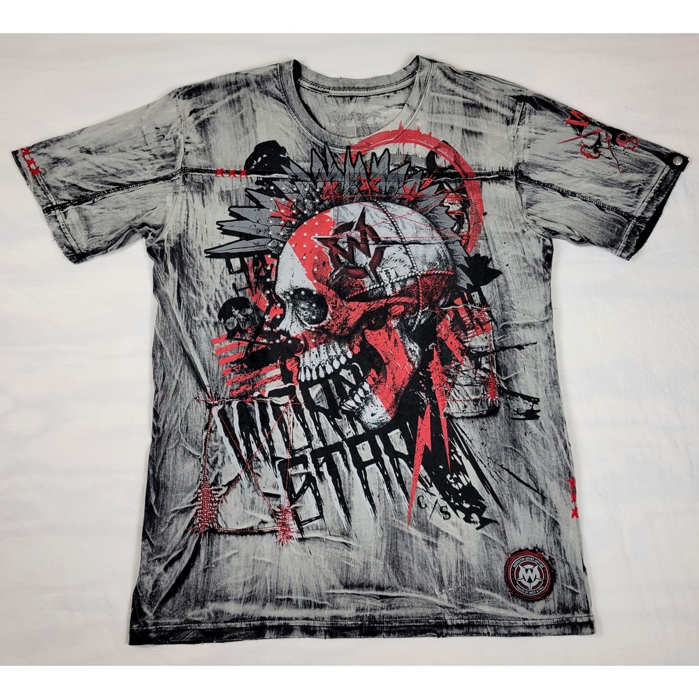 Wornstar Clothing Mens XL Skull Mohawk Graphic Shirt Gray Acid Wash Rock Studded